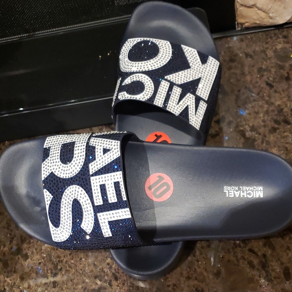 New Michael Kors slide Navy blue with white  with sparkling  Logo - Picture 6 of 8